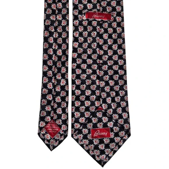 Brioni Silk Necktie Mens Black Floral Geometric Hand Made Italy D060404 Long